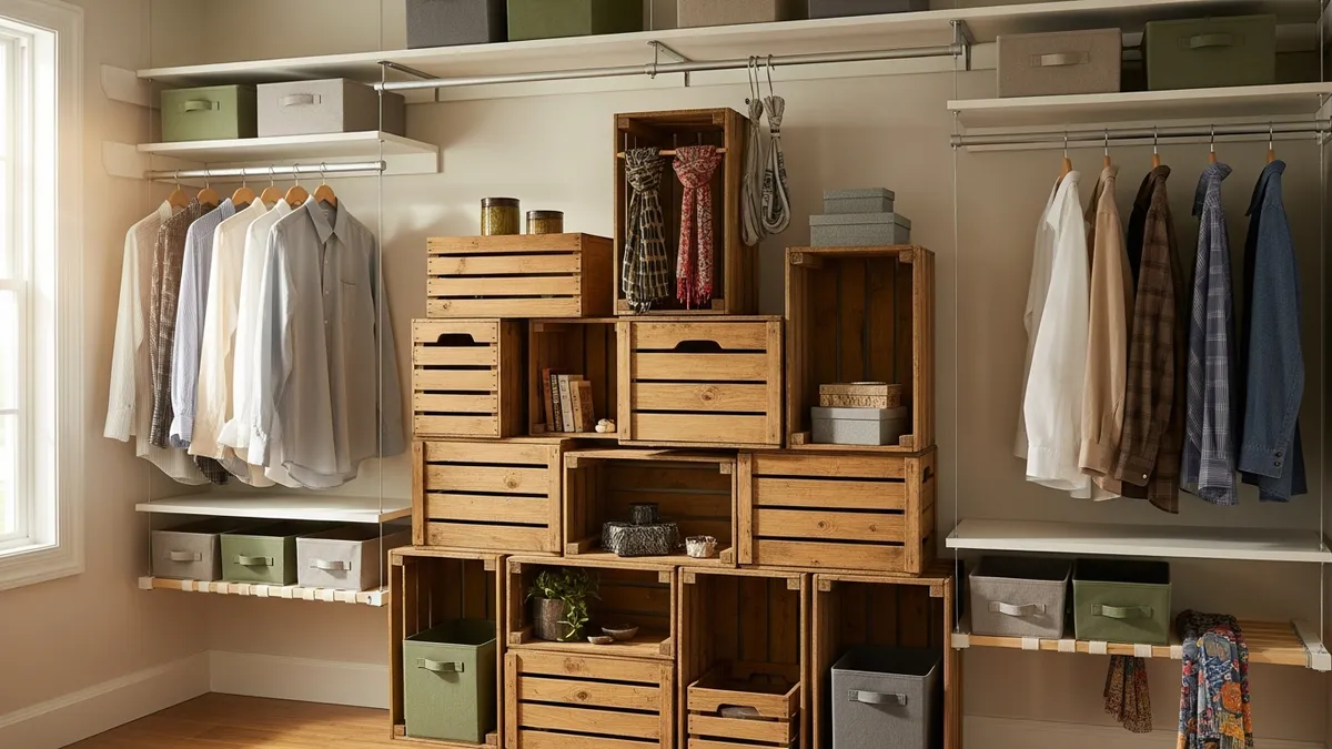 DIY closet shelf organization using wooden crates, tension rods, and fabric bins in a reach-in wardrobe