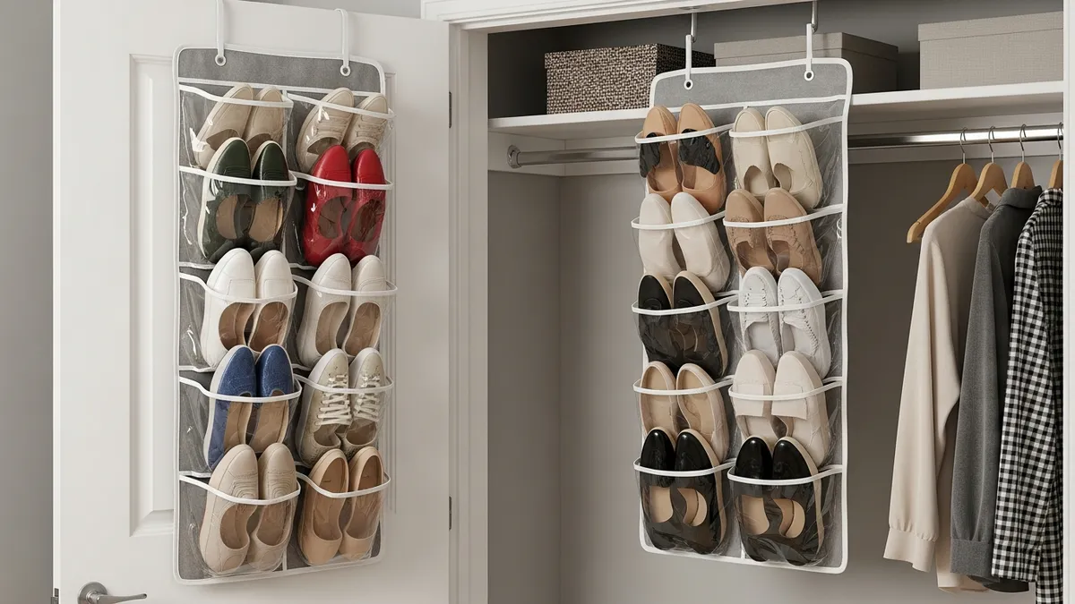 Hanging shoe organizers maximizing vertical closet storage space