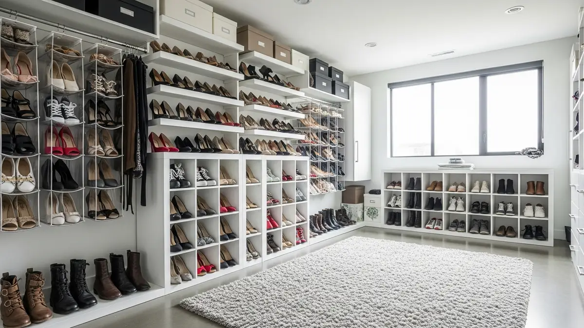 Modern closet with organized shoe storage solutions including shelves and hanging organizers