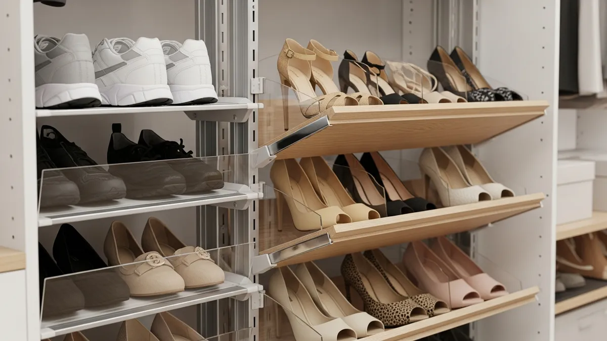 Adjustable shoe rack systems with organized shoe collection in closet