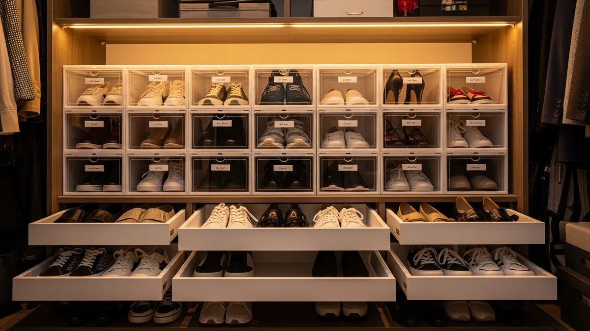 Under-shelf shoe storage solutions with stackable boxes and drawers
