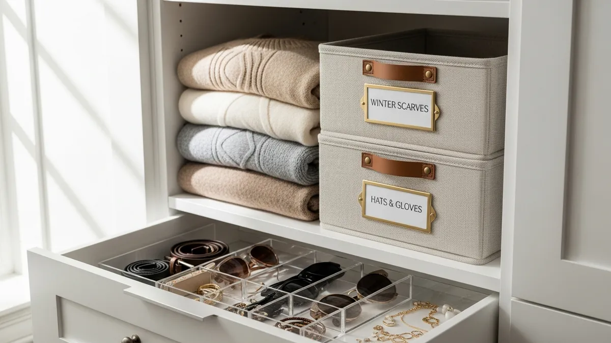 Closet shelf organizers with labeled fabric bins and drawer dividers for efficient closet storage organization