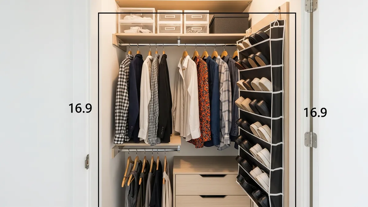 Small reach-in closet with double hanging rods and over-the-door organizer demonstrating smart closet storage ideas