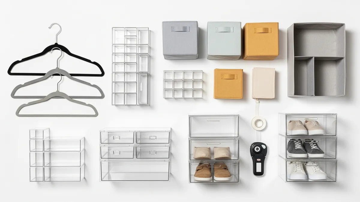 Closet organization products including velvet hangers, acrylic organizers, fabric bins, and stackable shoe boxes