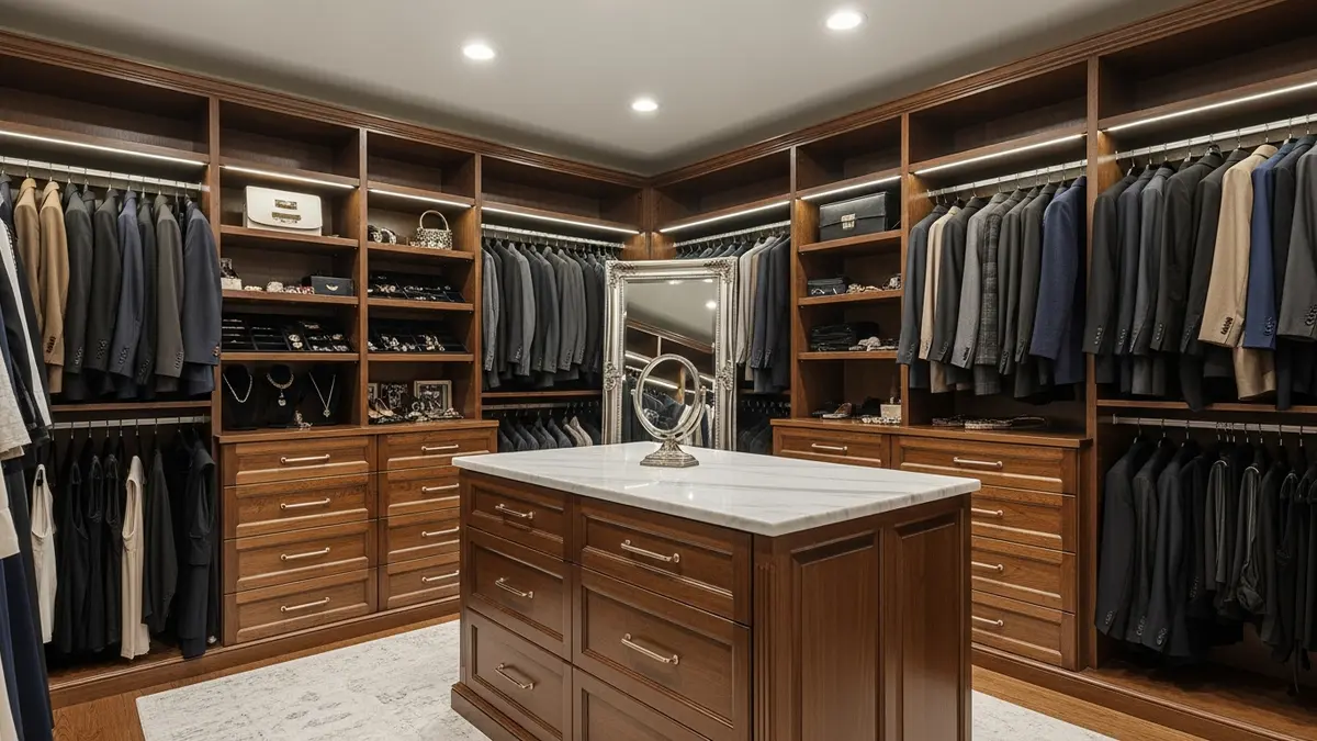Luxury walk-in closet with built-in wooden shelving, pull-out drawers, and accessory trays for ultimate closet organization