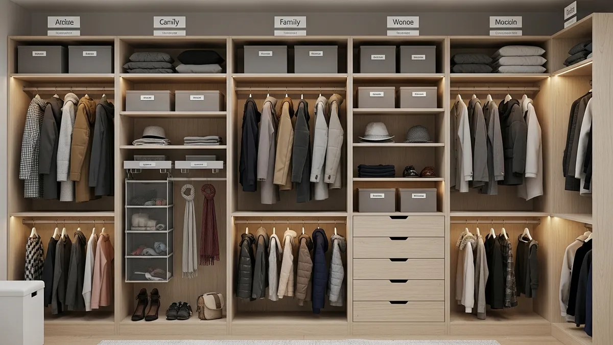 Family coat closet organization with designated areas for each family member and child-accessible storage