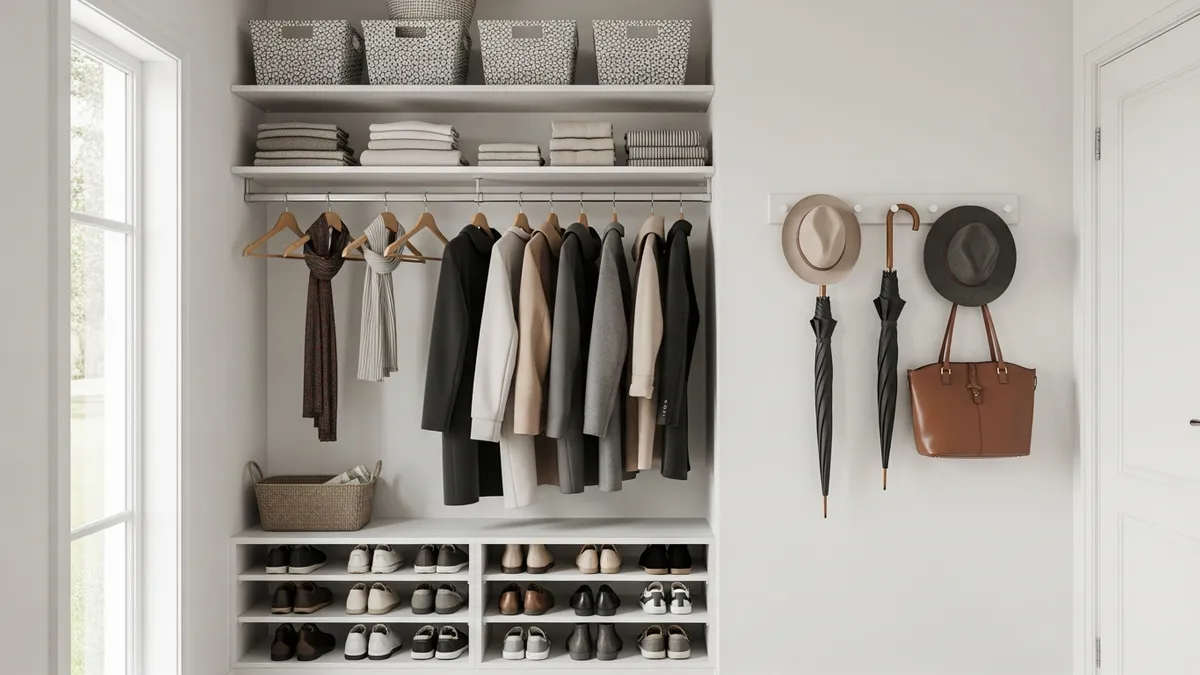 Beautifully organized coat closet with hanging rods, shelving system, and storage baskets showcasing coat closet organization ideas
