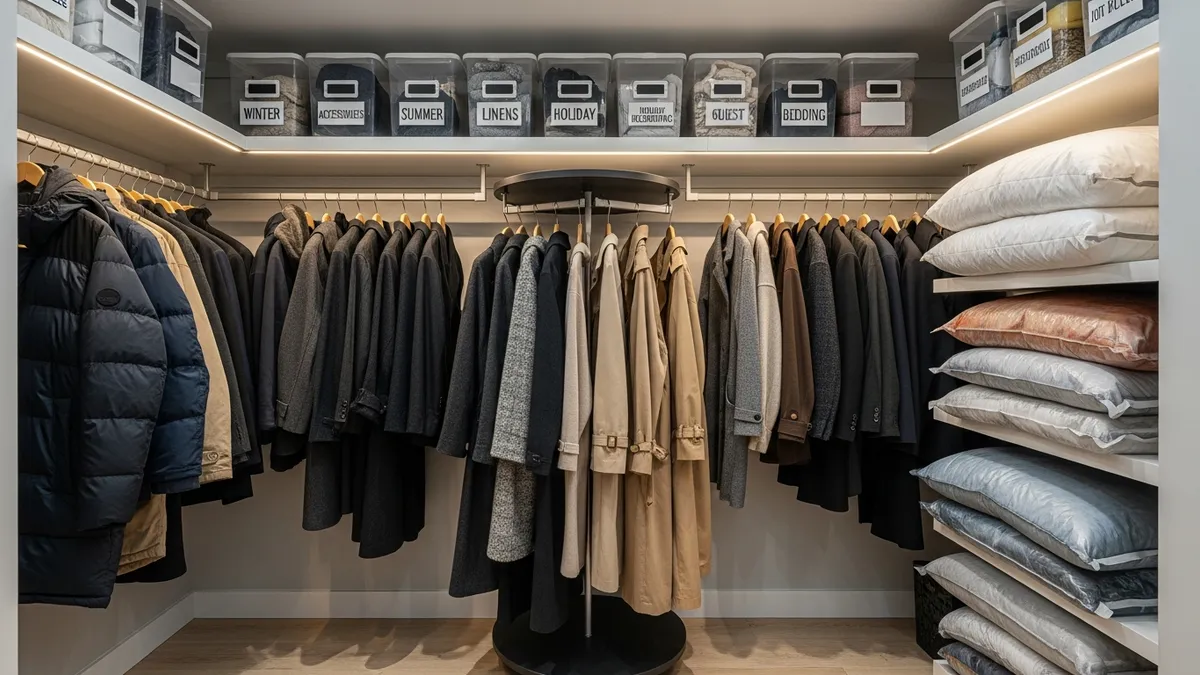 Seasonal coat closet organization with labeled bins and storage containers for rotating seasonal items