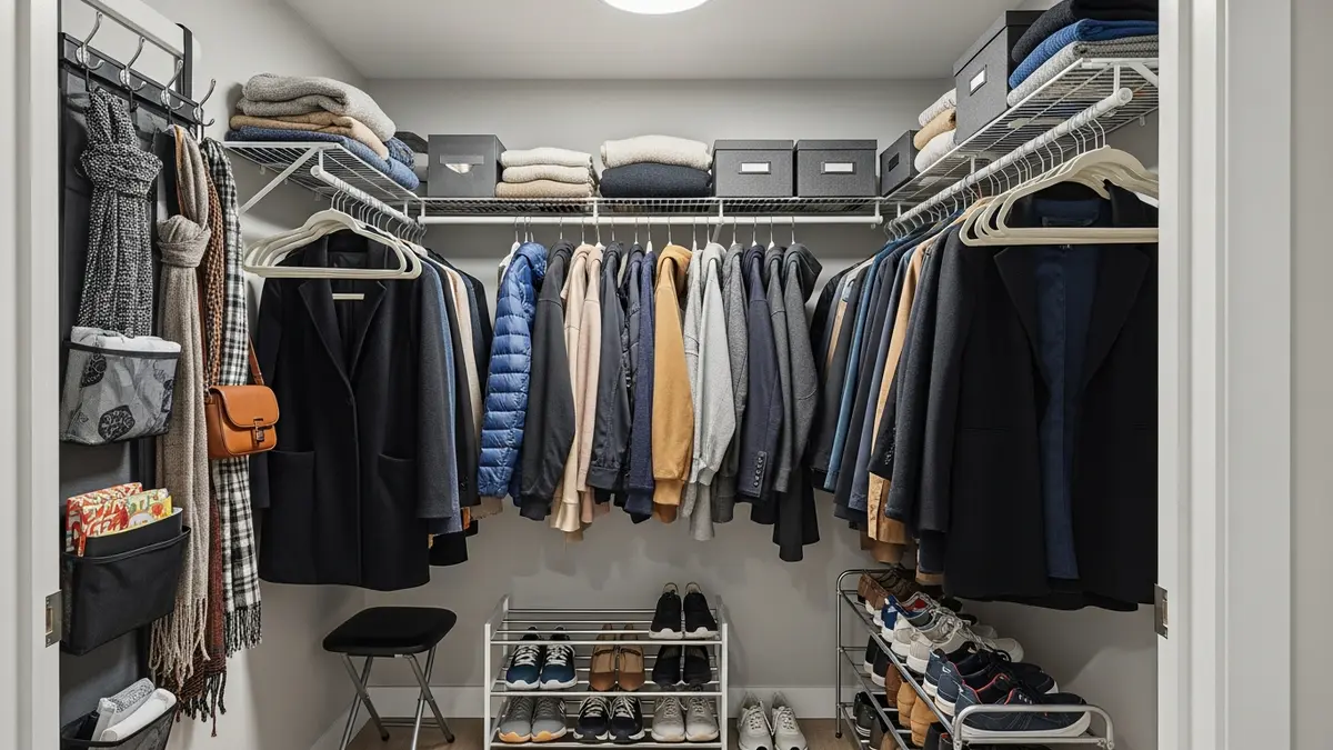 Small coat closet organization ideas showing space-saving hangers, hooks, and compact storage solutions