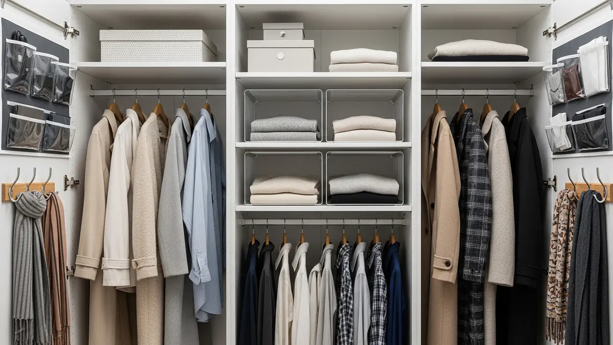 Vertical coat closet storage system with double hanging rods and shelf organizers maximizing vertical space