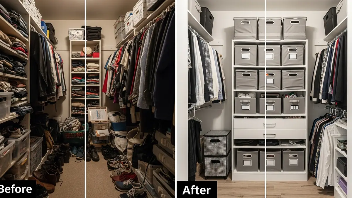 Before and after closet organization using collapsible storage boxes