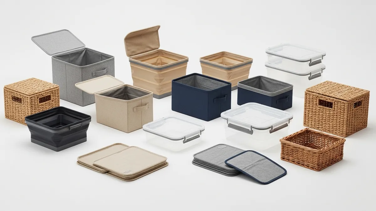 Different types of collapsible storage boxes and containers