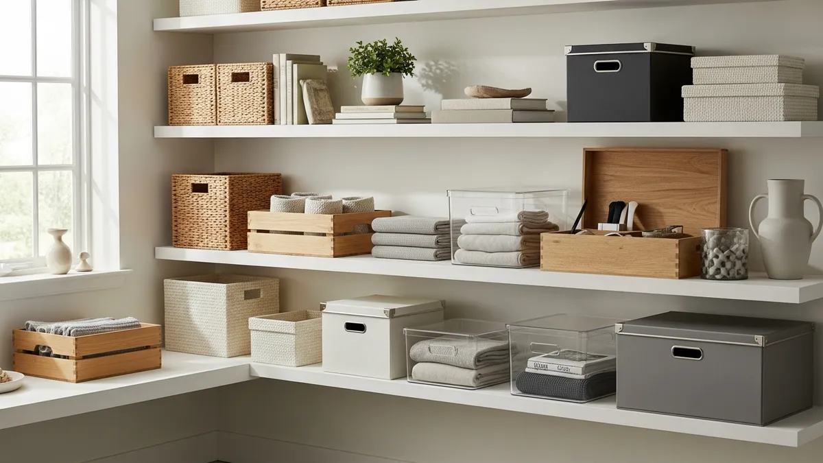 Various storage boxes organized in modern home interior for home organization