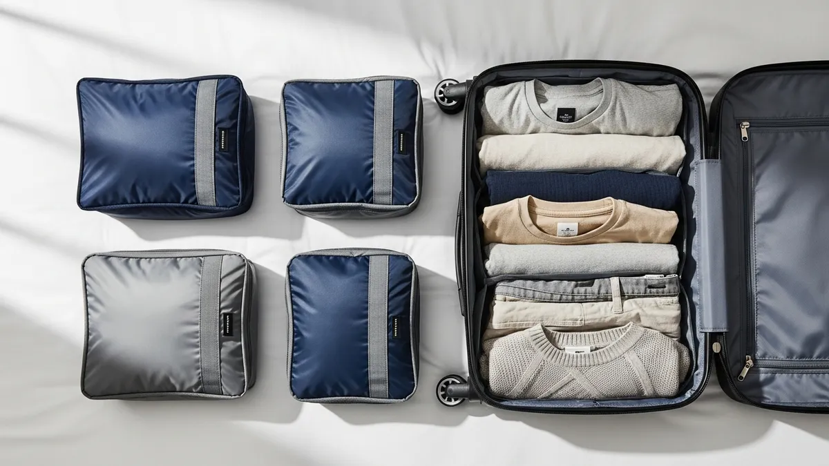 Set of compression packing cubes laid out next to an open suitcase with neatly folded clothes
