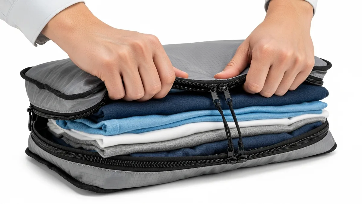 Hands zipping a compression packing cube filled with folded clothing to compress the contents