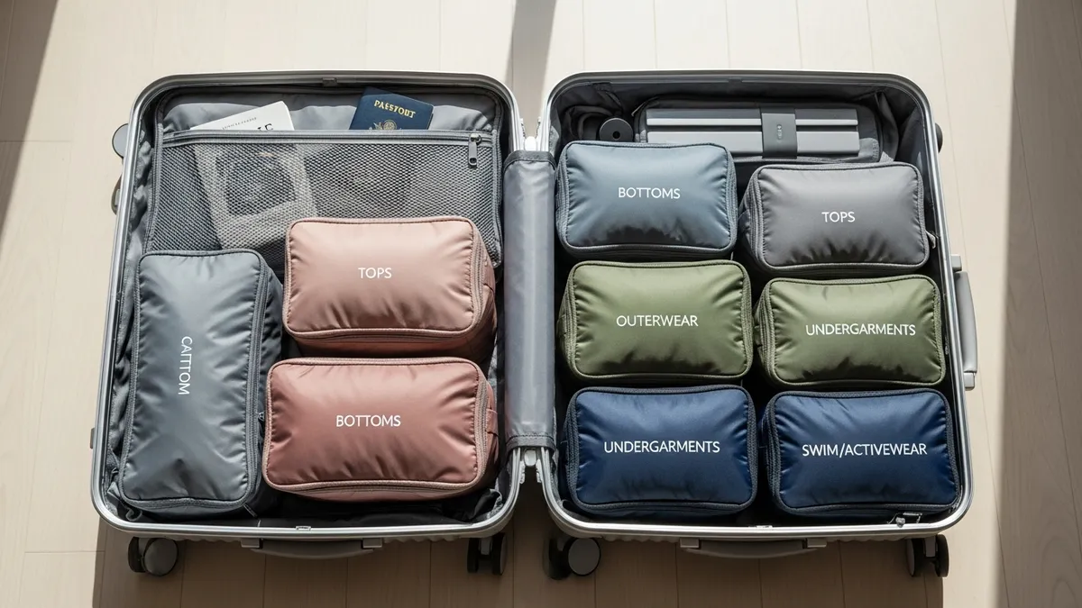 Open suitcase packed with color-coded compression packing cubes organized by clothing type