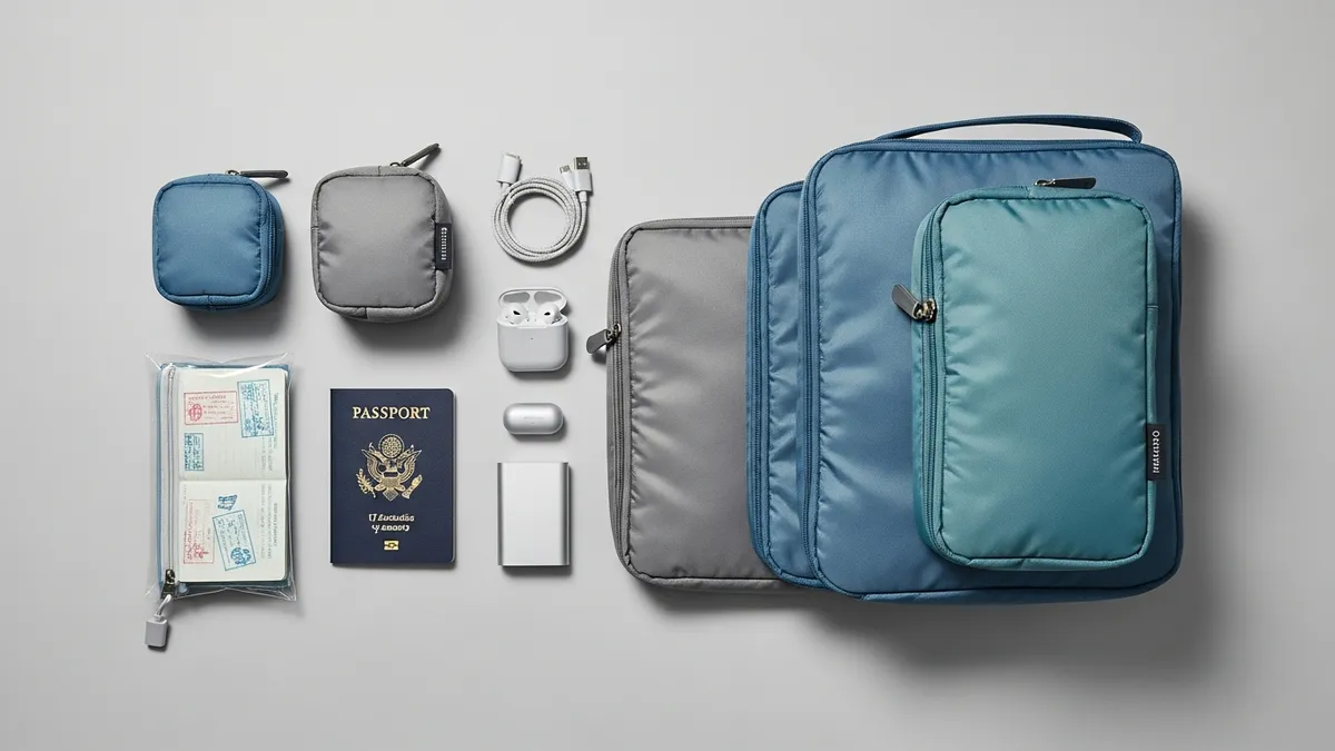 Different sizes of compression packing cubes arranged by size with travel accessories