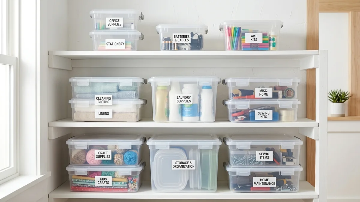 Collection of container boxes in various sizes and materials for home storage