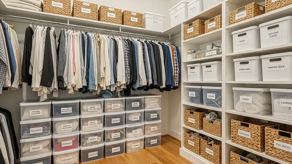Organized closet using container storage boxes for efficient space management