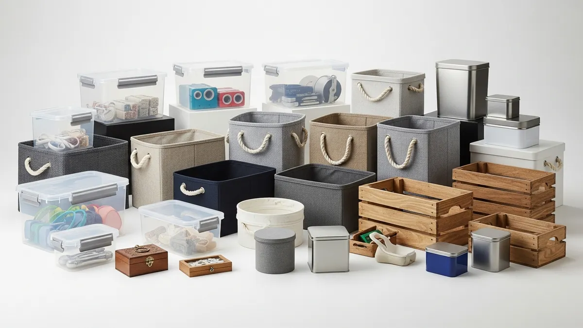 Different types of container storage boxes including plastic, fabric and wooden options