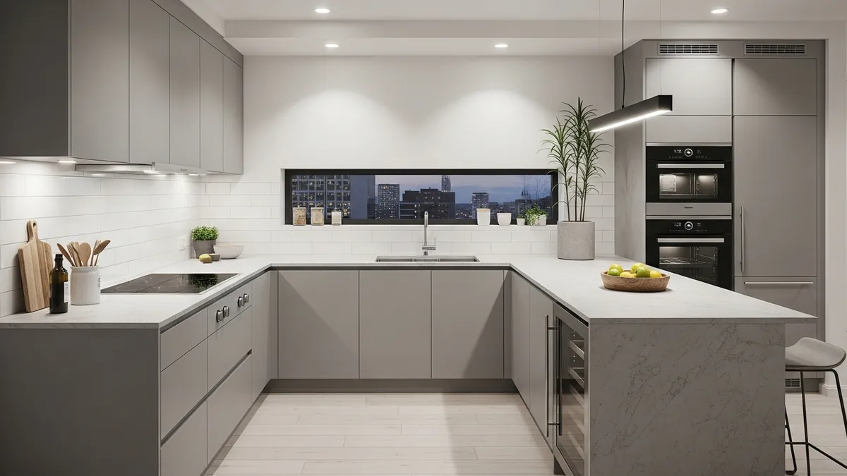 L-shaped minimalist kitchen set example with grey cabinets and modern layout