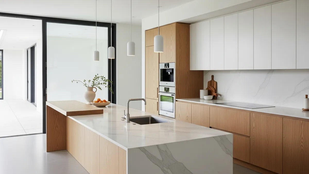 Open concept minimalist kitchen set example with island and modern design