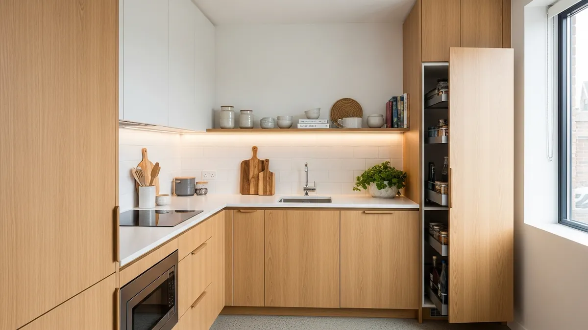 Small space minimalist kitchen set example with efficient storage solutions