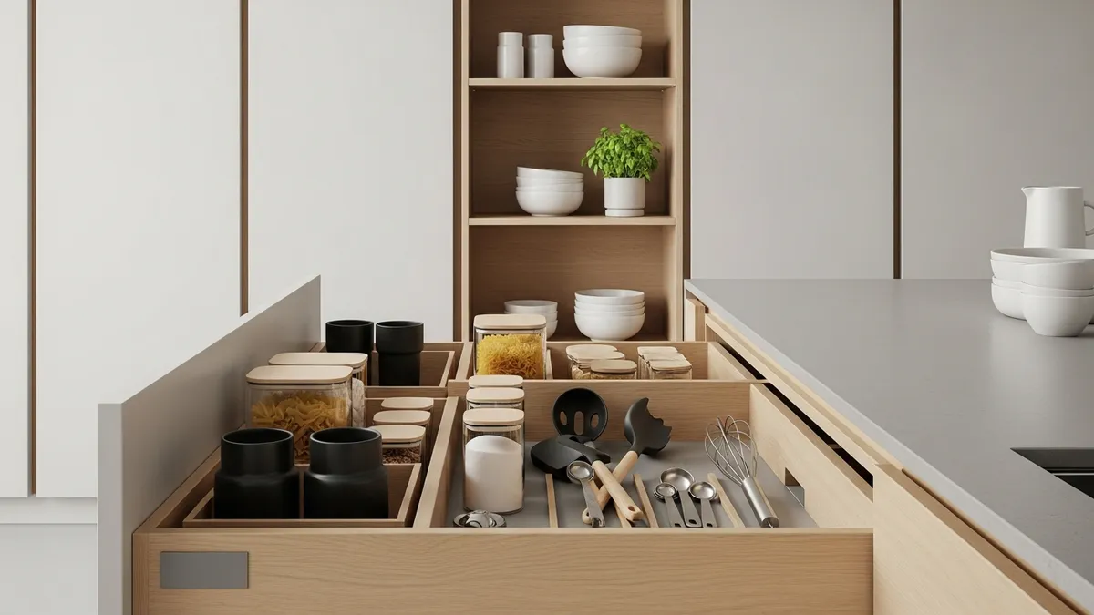 Minimalist kitchen storage solutions and organization examples