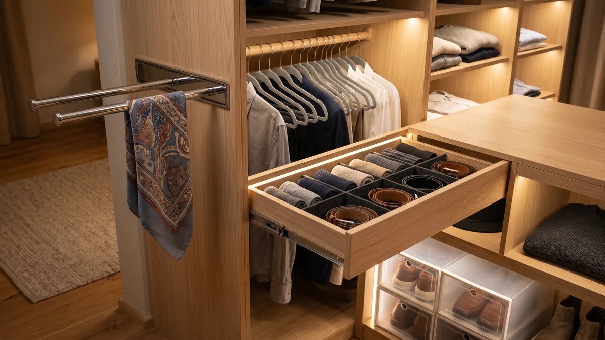 Corner closet accessories in use: a pull-out valet rod, matching slim hangers, a drawer of felt dividers for belts and socks, and clear shoe boxes below