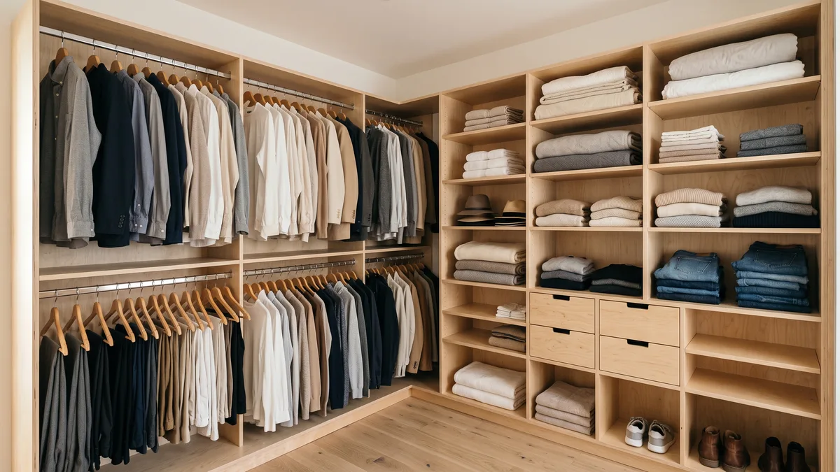 L-shaped corner closet layout pairing a double hanging rod on one wall with adjustable shelving on the adjacent wall