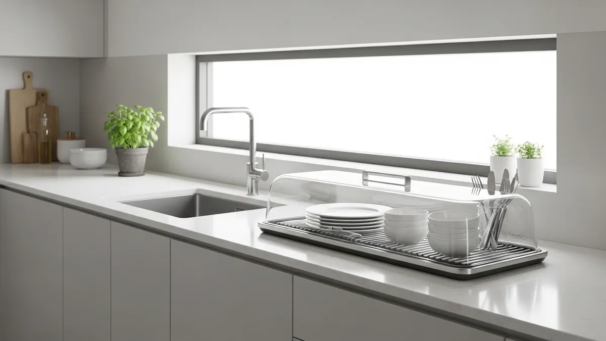 Modern covered dish rack with transparent lid protecting clean dishes in minimalist kitchen