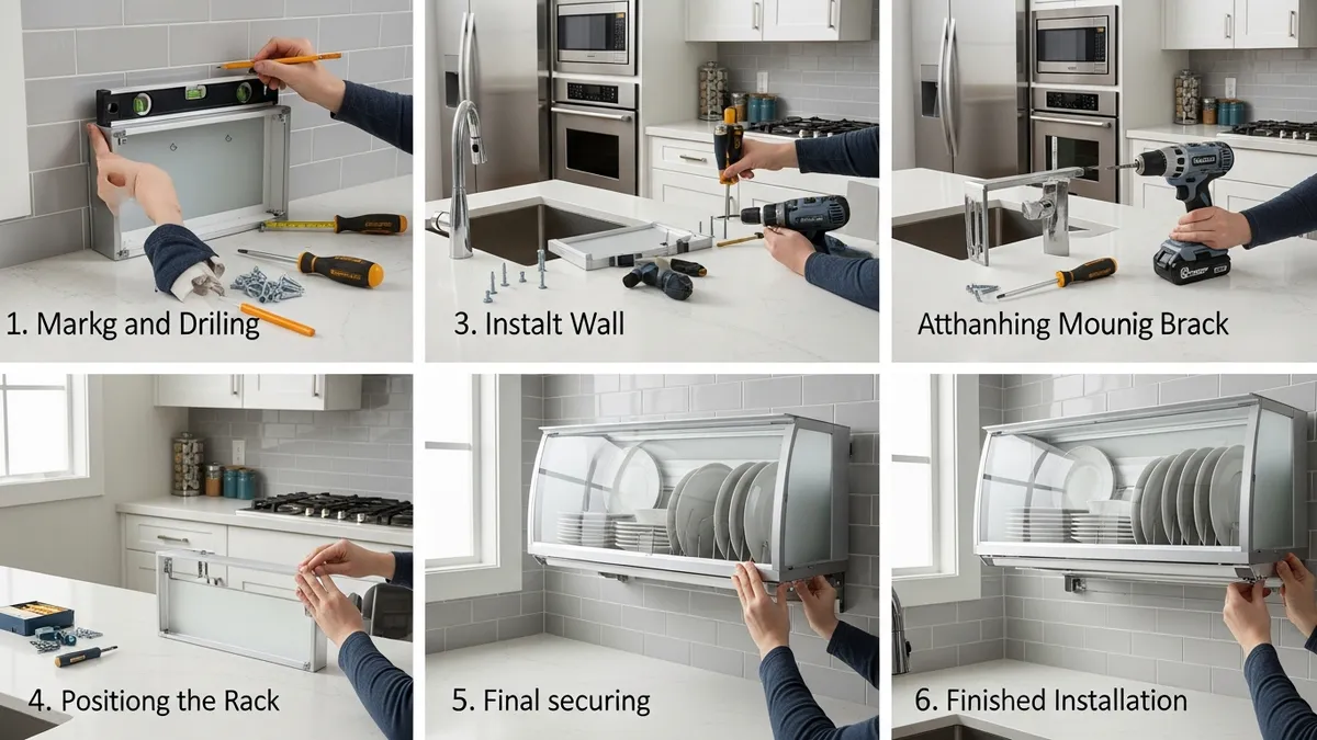 Installation process of wall-mounted covered dish rack in modern kitchen setting