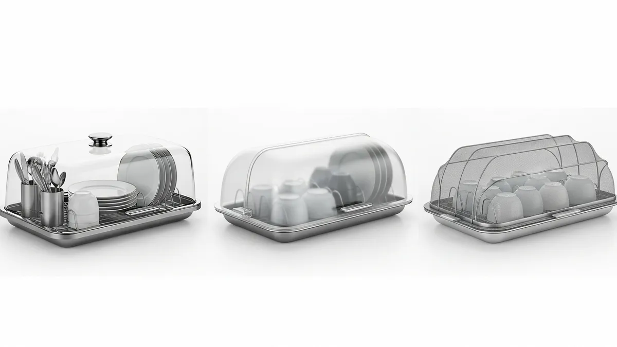 Various types of covered dish racks showing glass, plastic, and mesh lid options