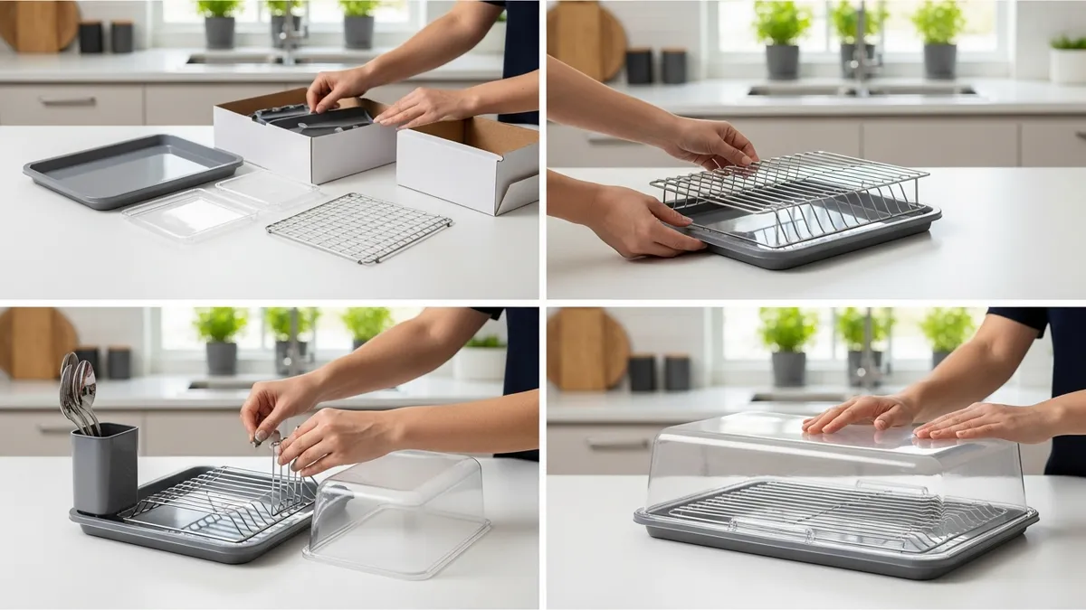 Installation and setup process for covered plastic dish racks in kitchen