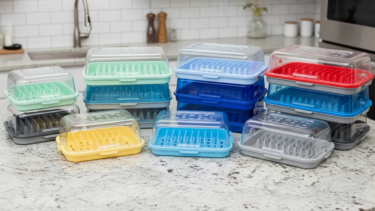 Different types and sizes of covered plastic dish racks for kitchen organization