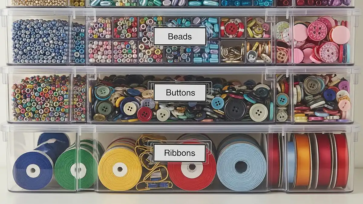 Clear storage containers for craft room organization with labeled supplies