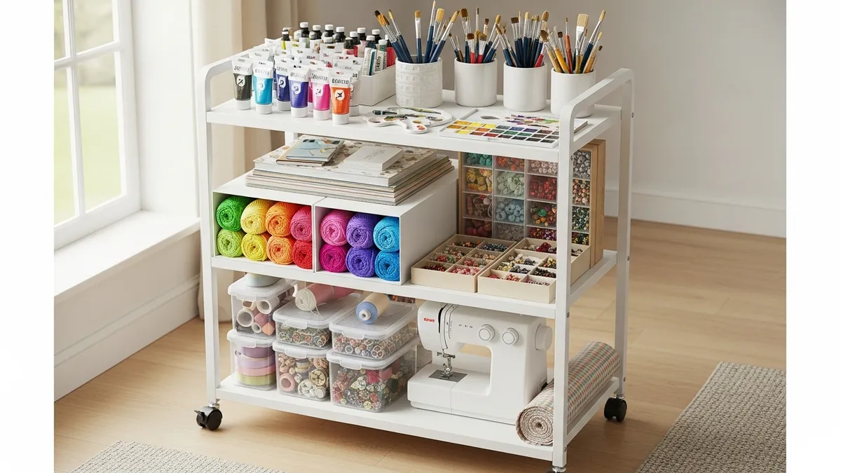 Mobile craft storage cart with organized supplies and rolling functionality