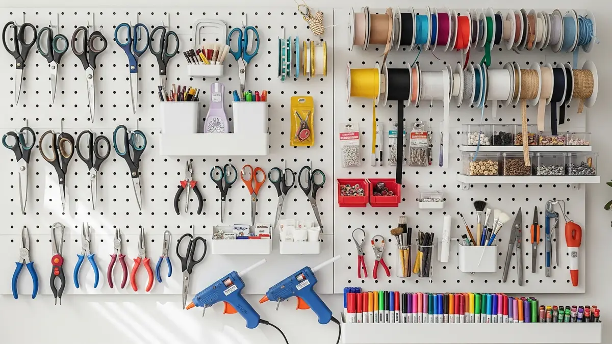 Pegboard craft room storage ideas with tools and supplies organized on wall