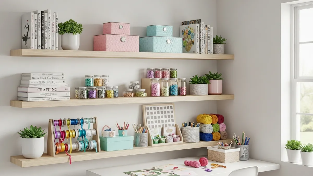 Wall shelving craft room storage ideas with floating shelves and organized displays