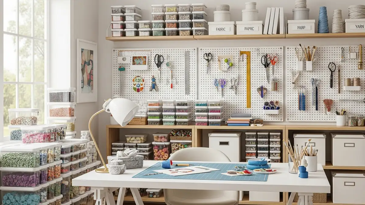 Well-organized craft storage room with clear containers and labeled shelving systems