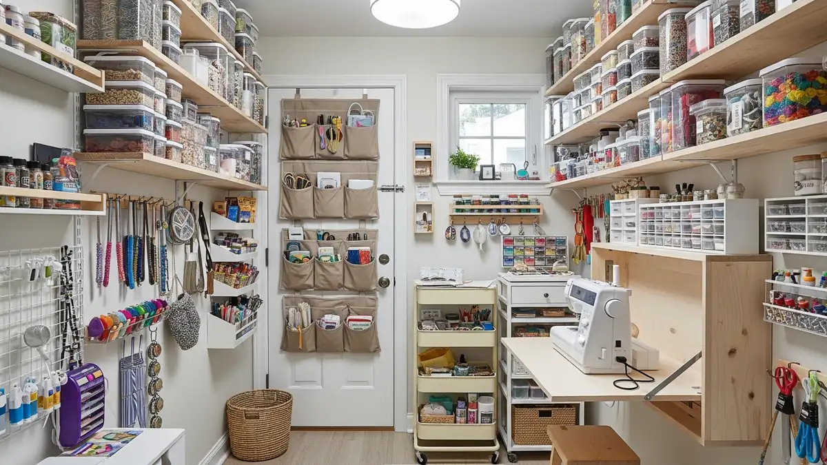 Small craft storage room with vertical organization and space-saving solutions