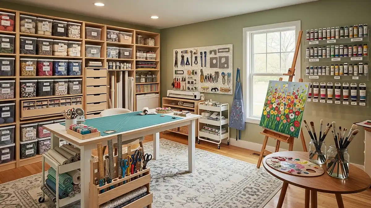 Craft storage room organized into functional zones with specific storage systems