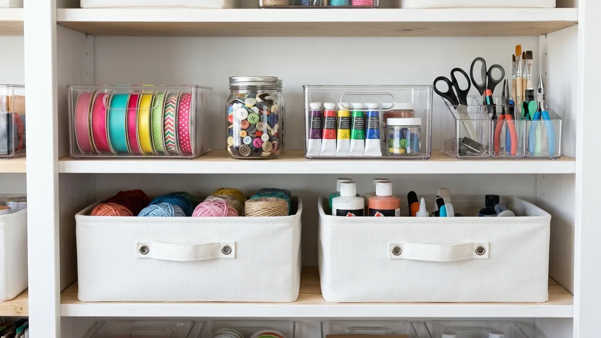 Craft storage shelving unit with uniform clear containers and white bins labeled by supply category