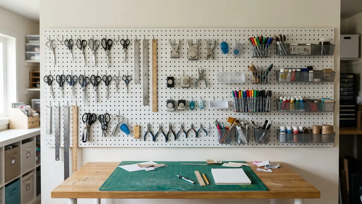 White pegboard wall in a craft storage room holding scissors, rulers, and small baskets of frequently used tools above a countertop workspace