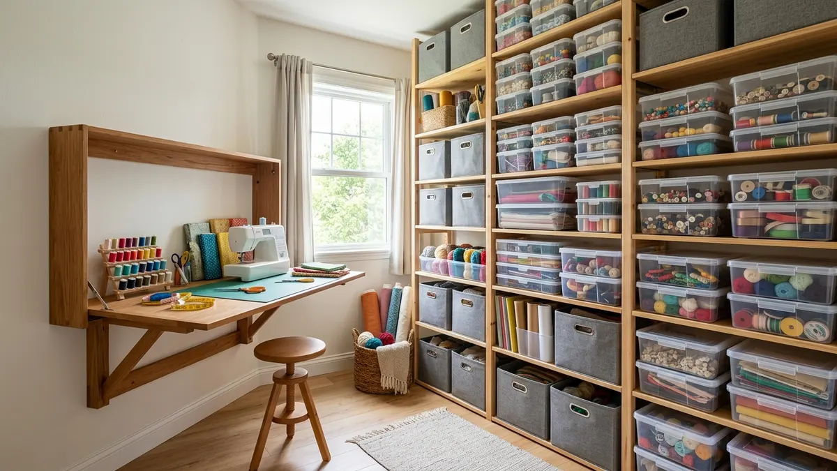 Small spare bedroom converted into a compact craft storage room with fold-down table and vertical shelving