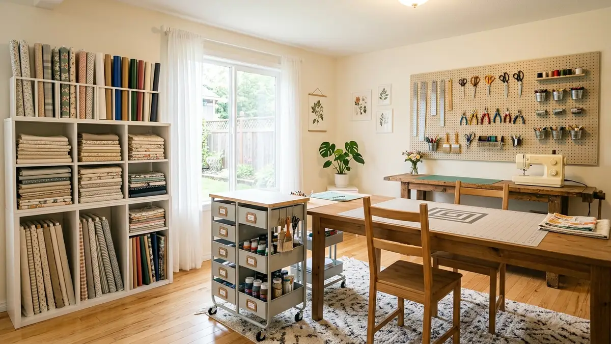 Craft room zone planning layout with pegboard tool wall, modular cube shelving, and rolling drawer cart