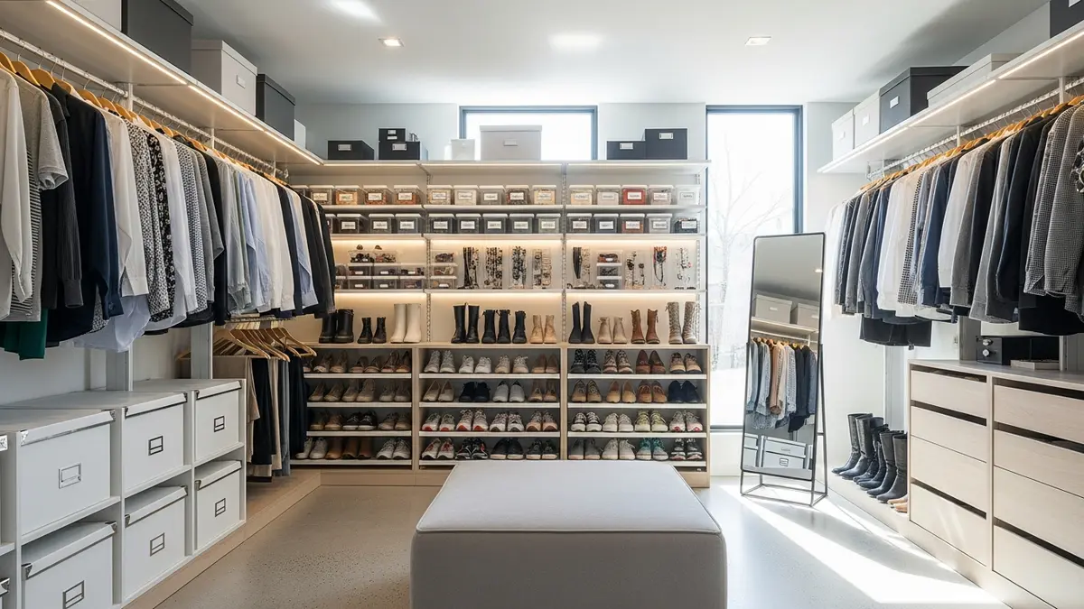 Well-organized modern closet showing creative organization ideas with hanging clothes, storage solutions, and labeled containers