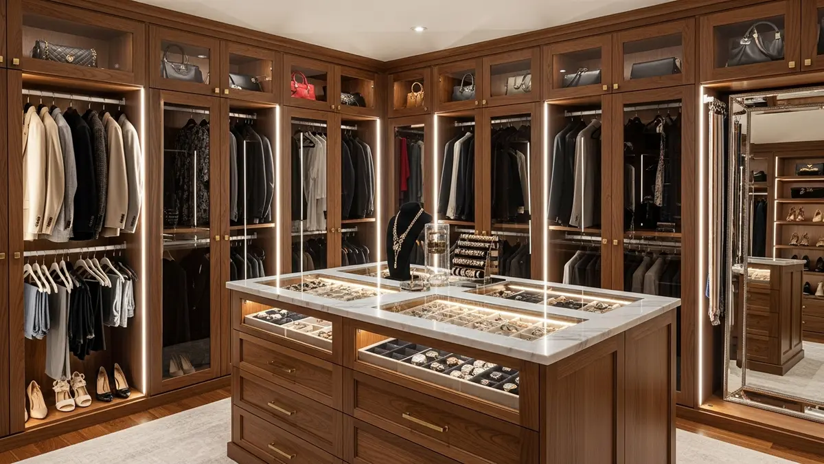 Luxury closet organization ideas featuring custom built-ins, LED lighting, and premium storage solutions for high-end wardrobe organization