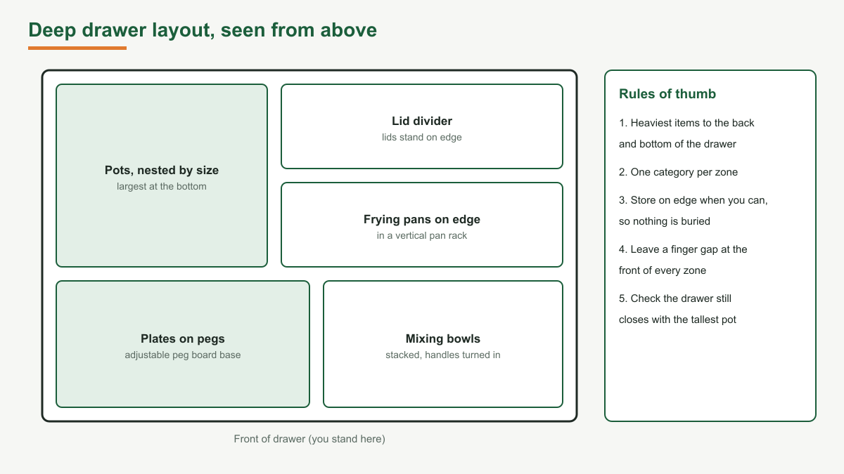 Top view diagram of a deep kitchen drawer divided into zones: pots nested by size on the left, a lid divider and a vertical pan rack on the right, plates on adjustable pegs and stacked mixing bowls at the front, with rules of thumb for placing heavy items at the back
