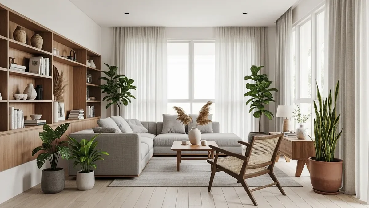 Comfortable Indonesian family room with functional decoration